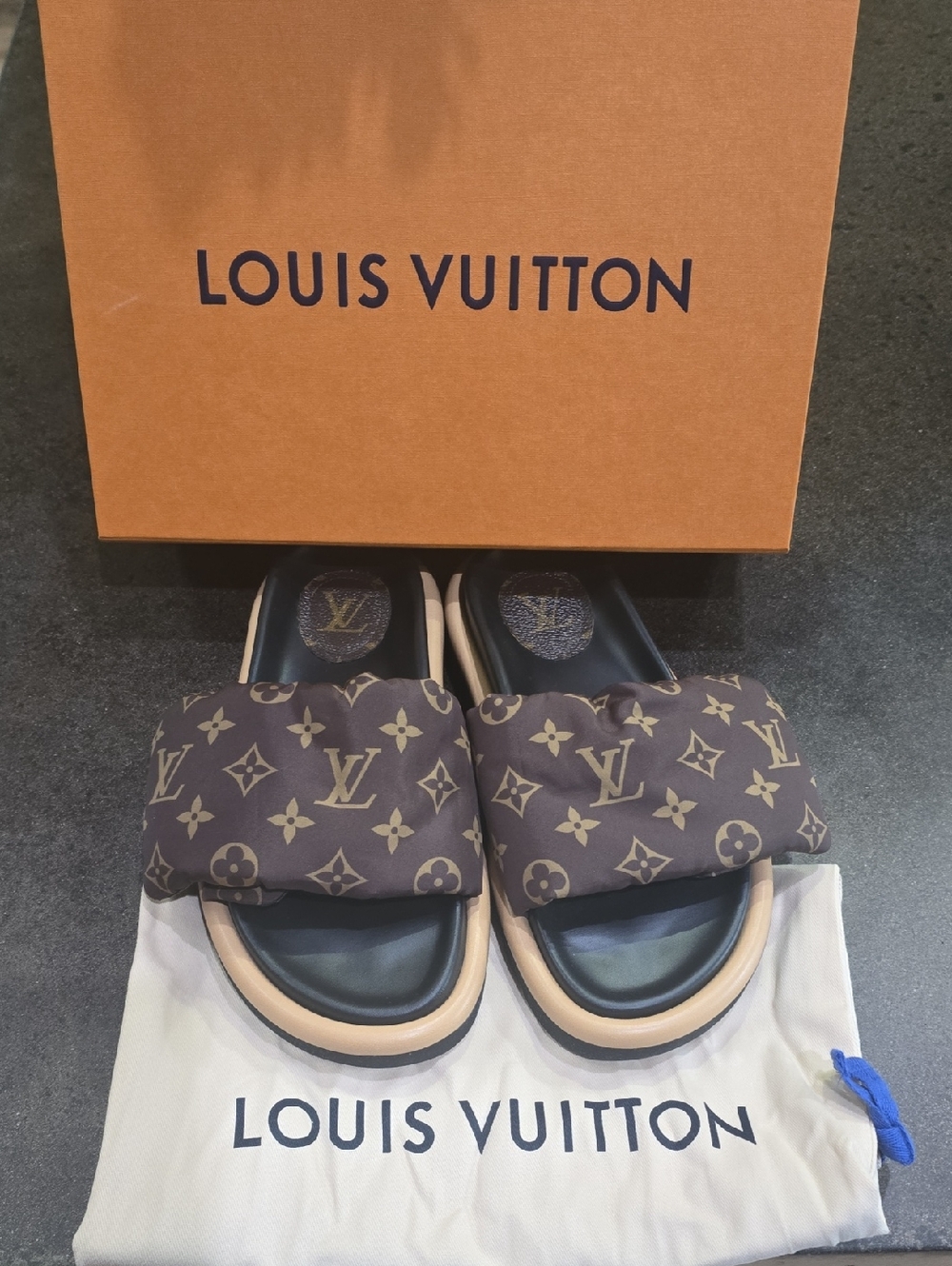 Louis Vuitton Monogram Padded Slide Sandals in Brown and Black